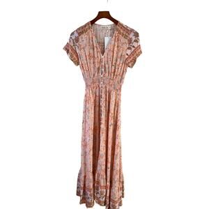 Ruby Sees V Neck Button Front Maxi dress Peach Floral Print